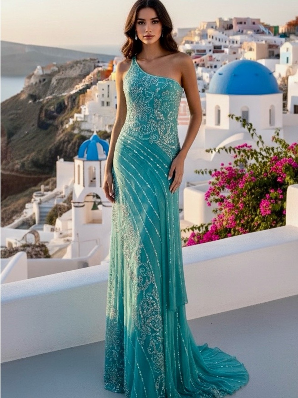 One-Shoulder hand beaded aqua Evening Gown stretch fabric attitudes‎ by Debra
